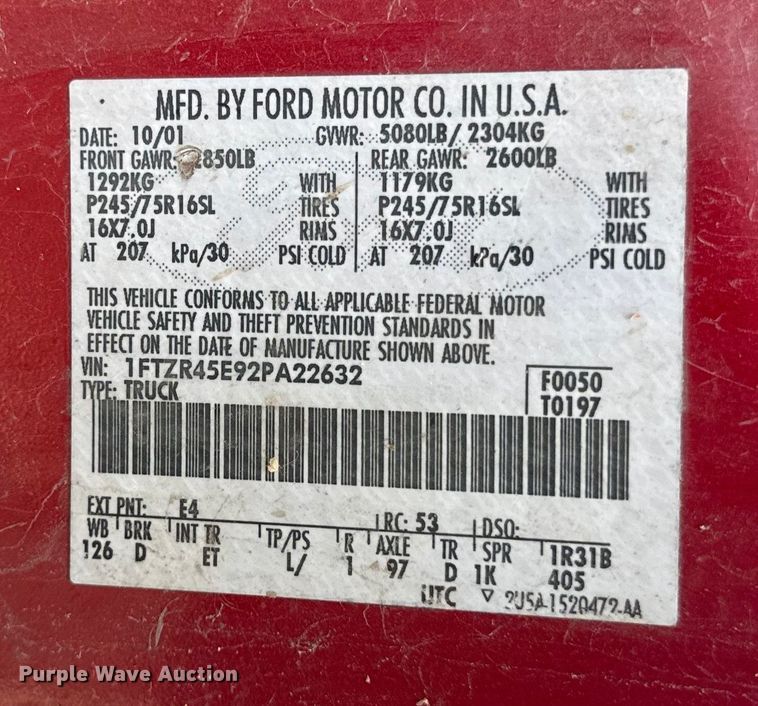 image for item DY8251 2002 Ford Ranger SuperCab pickup truck