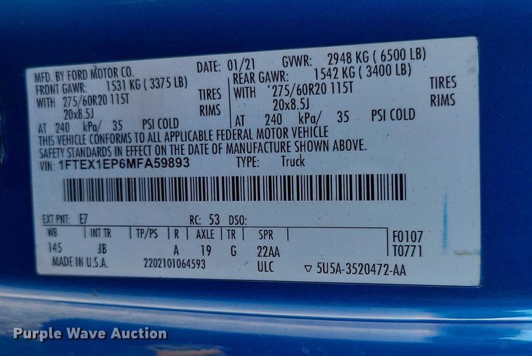 image for item EA2618 2021 Ford F150 SuperCab pickup truck