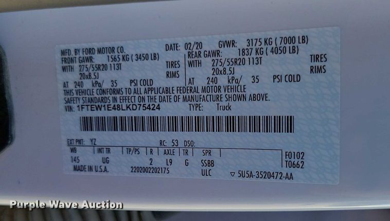 image for item EA2619 2020 Ford F150 SuperCrew pickup truck