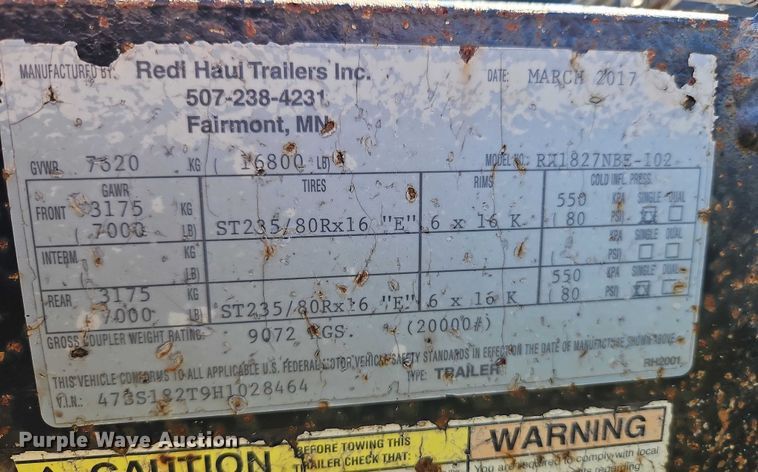 image for item EB8325 2017 Redi Haul RX1827NBE-102 equipment trailer