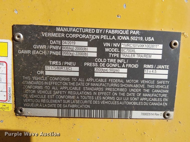 image for item EC1208 2019 Vermeer BC700XL wood chipper