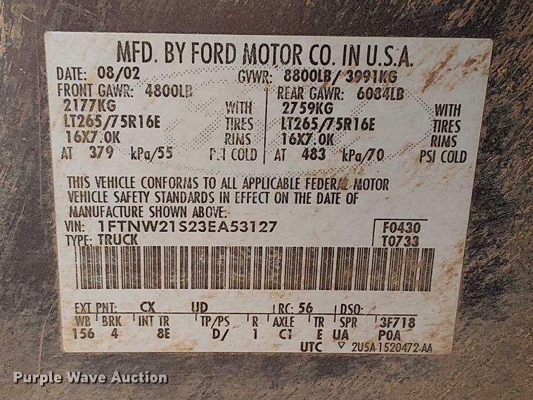 image for item EC1211 2003 Ford F250 Super Duty Crew Cab dump flatbed pickup truck