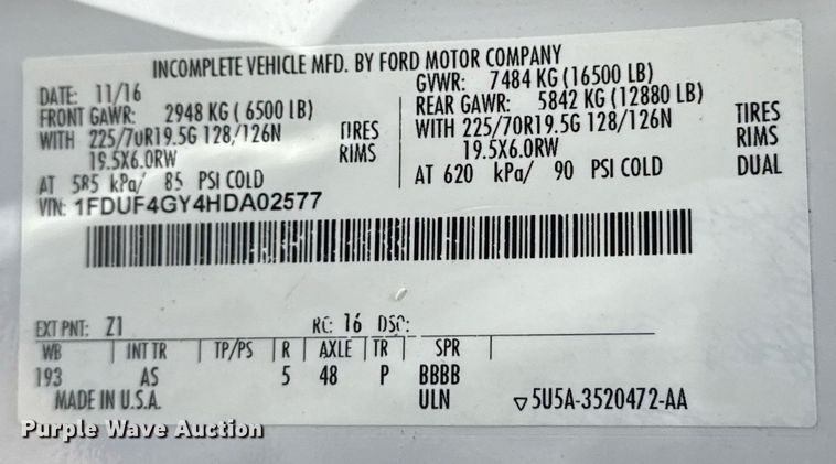 image for item EG6076 2017 Ford F450 Super Duty XL box truck