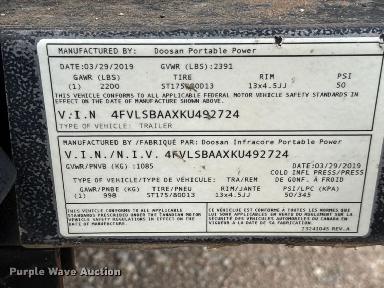 image for item EM8271 2019 Doosan LCV6WKUB-60HZ-T4F light plant