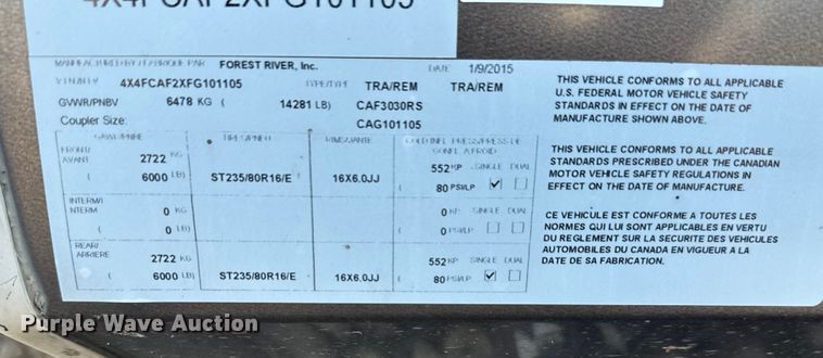 image for item EM8342 2015 Forest River Cardinal camper