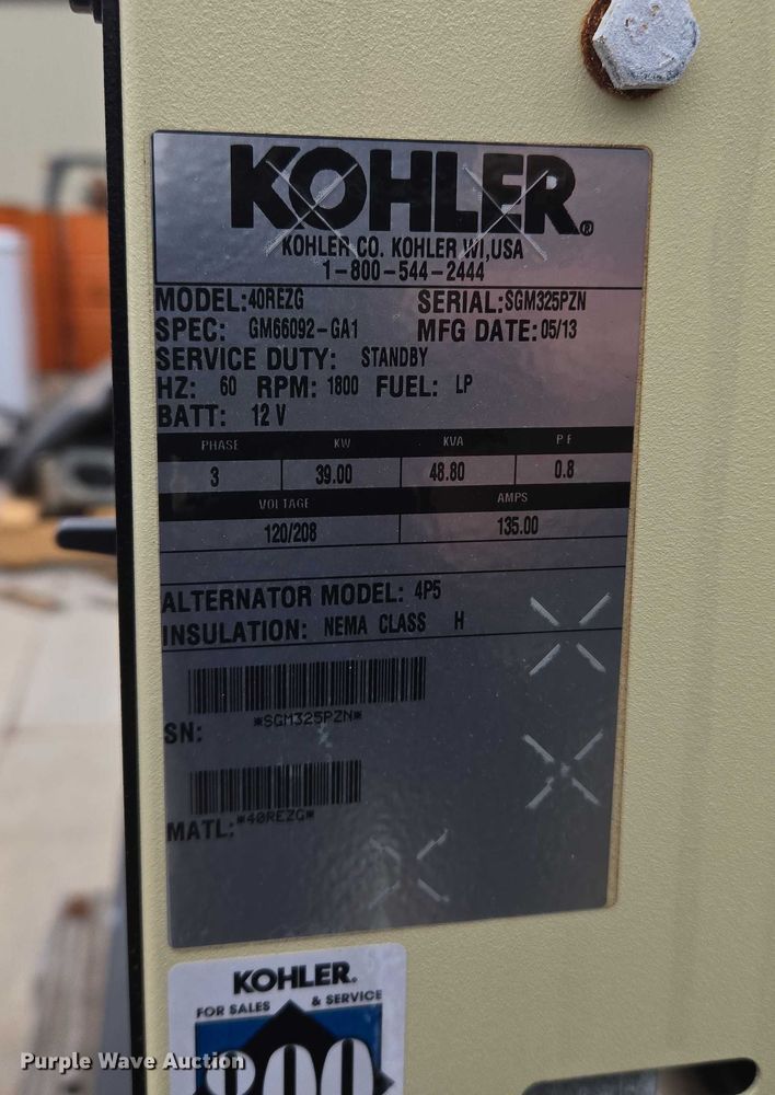 image for item EU3839 2013 Kohler 40REZG generator