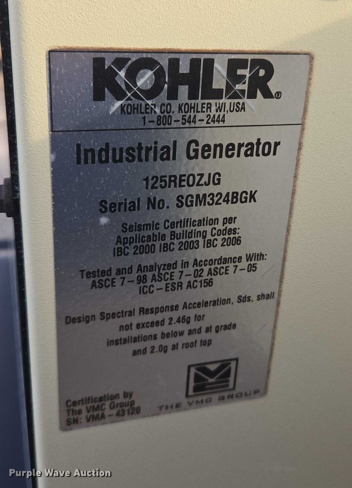 image for item EU3840 2013 Kohler 125RE0ZJG generator
