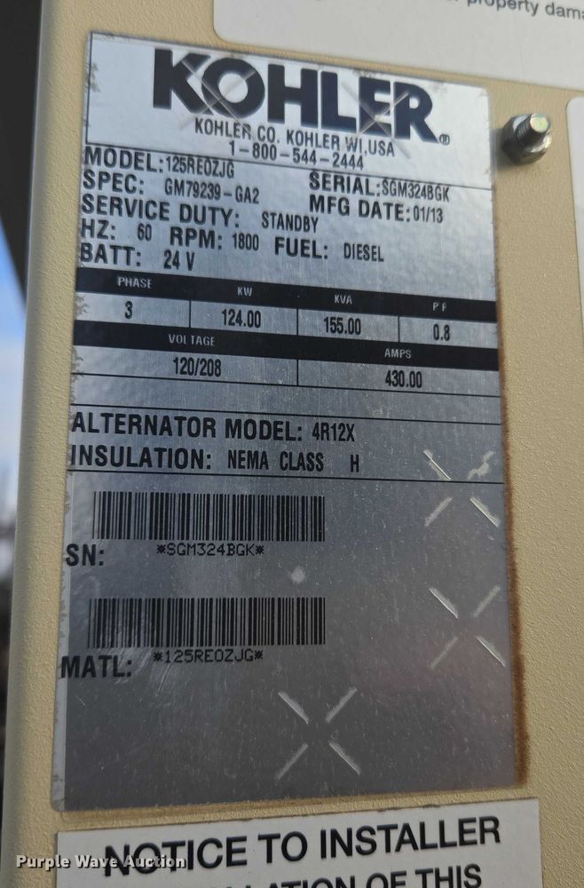 image for item EU3840 2013 Kohler 125RE0ZJG generator