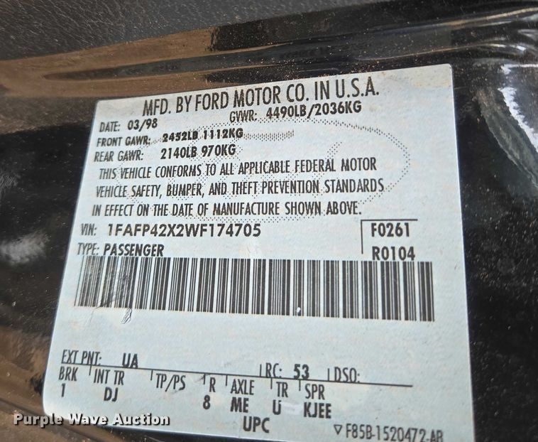 image for item EU3863 1998 Ford Mustang 