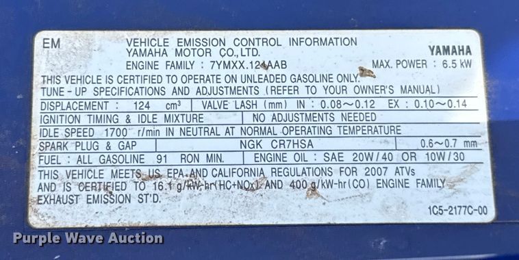 image for item EU5059 2007 Yamaha Grizzly 125 ATV