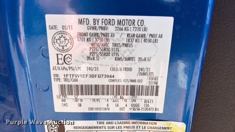 image for item EU7051 2011 Ford F150 SuperCrew pickup truck