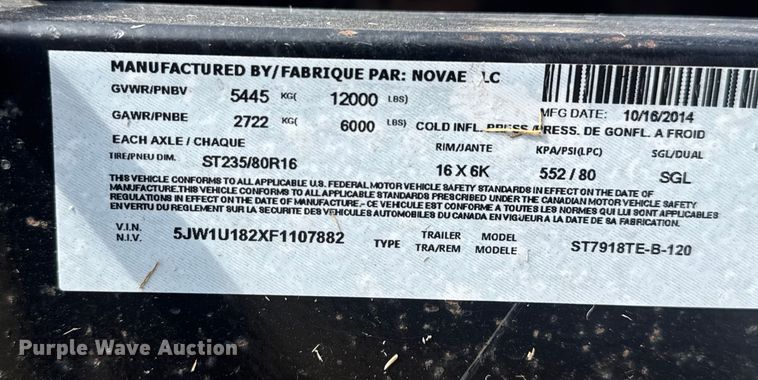 image for item EV1996 2015 Novae Sure-Trac tilt deck utility trailer