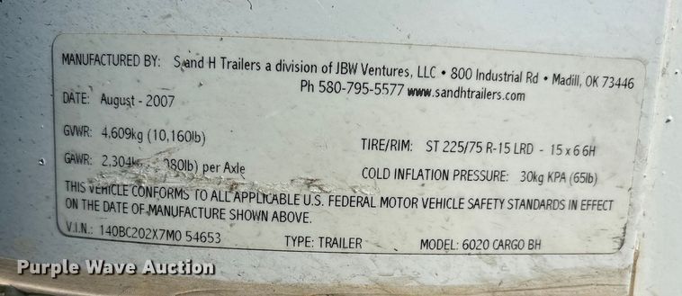 image for item GH9419 2007 S&H Trailers 6020 Cargo BH enclosed cargo trailer
