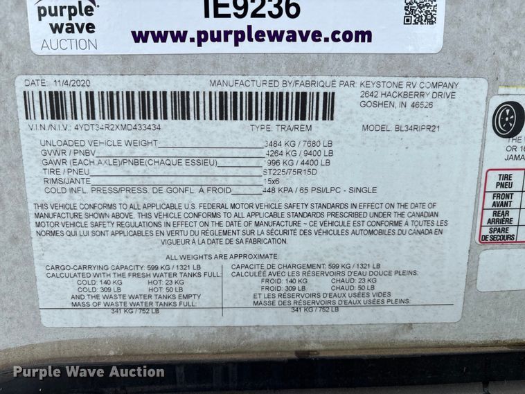 image for item IE9236 2021 Keystone Premier 34RI camper