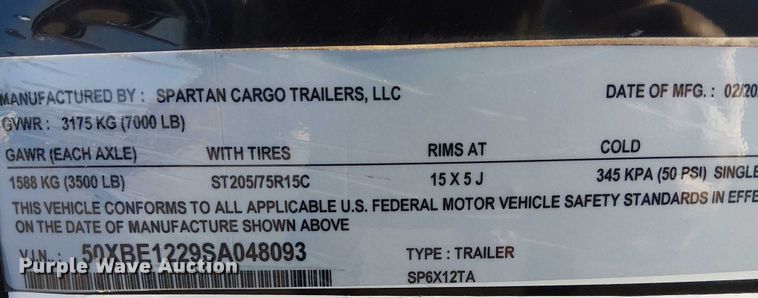 image for item NU9707 2025 Spartan Cargo SP6X12TA enclosed cargo trailer