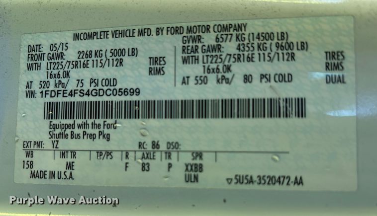 image for item YA1249 2016 Ford E450 Super Duty shuttle bus