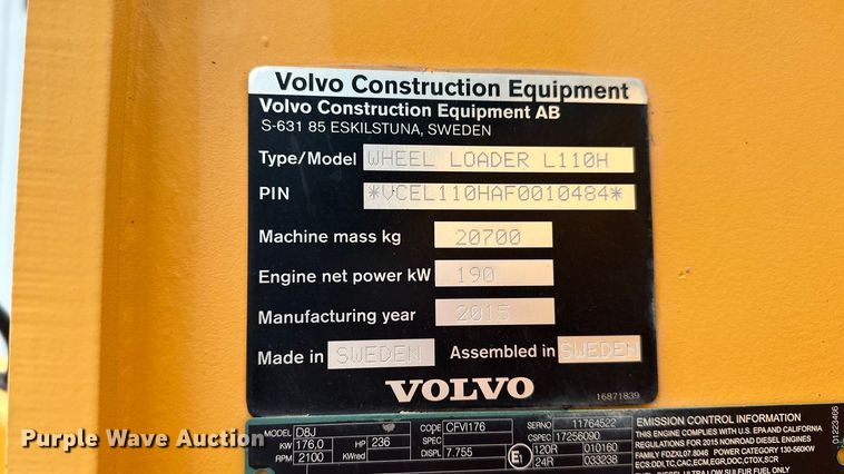 image for item DP5022 2015 Volvo L110H wheel loader