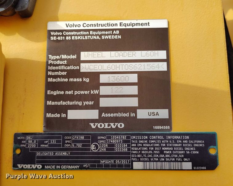 image for item DP5025 2017 Volvo L60H wheel loader