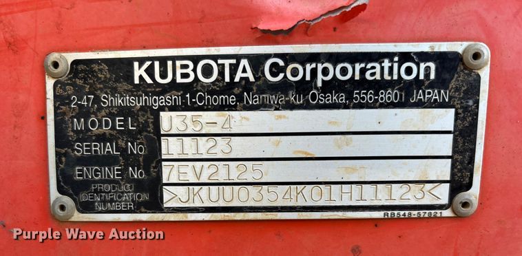 image for item DU1421 2015 Kubota U35-4 mini excavator