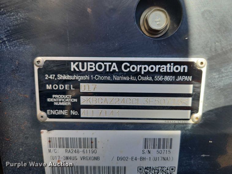 image for item DU3569 2020 Kubota U17 mini excavator