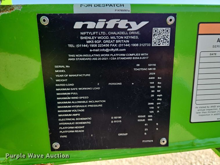 image for item DU3582 2024 Nifty TD42TDAC MK1B boom lift