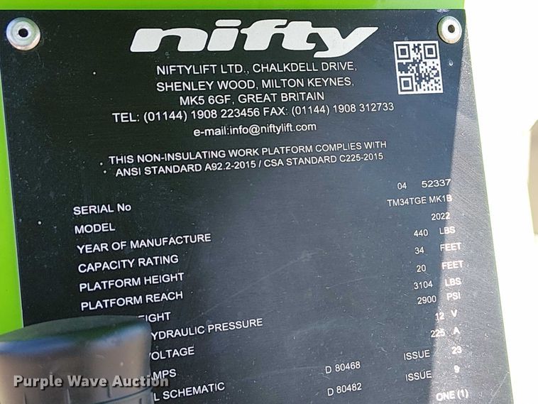 image for item DU3584 2022 Nifty TM34TGE MK1B boom lift