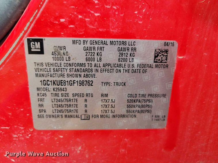 image for item DX6474 2016 Chevrolet Silverado 2500HD Crew Cab pickup truck