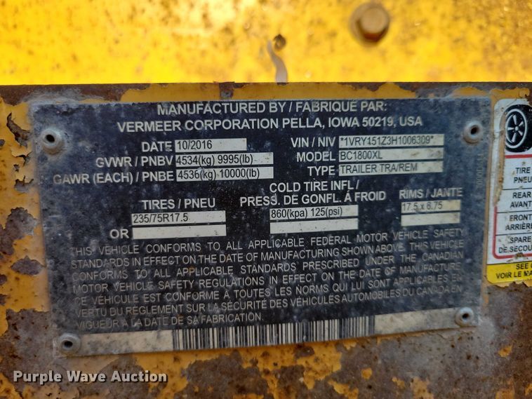 image for item EA2638 2017 Vermeer BC1800XL wood chipper