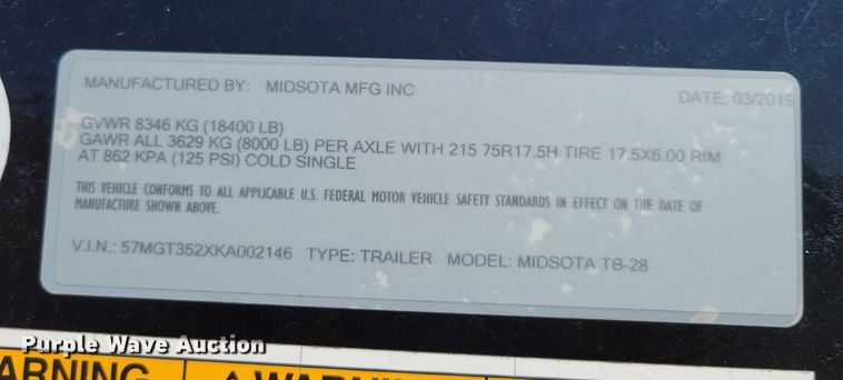 image for item EA2644 2019 Midsota tilt deck equipment trailer