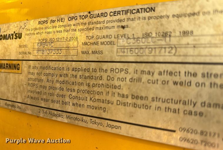 image for item EA7567 2019 Komatsu PC360LC-11 excavator