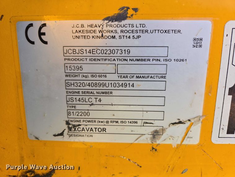 image for item EB1061 2014 JCB JS145LC excavator