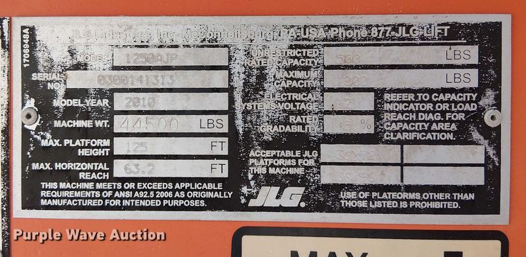image for item EC3812 2010 JLG 1250AJP boom lift