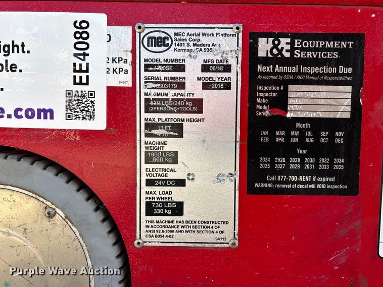 image for item EE4086 2018 MEC Ariel work platform 1330SE scissor lift