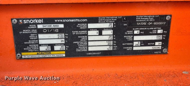 image for item EE4088 2018 Snorkel S4726E scissor lift