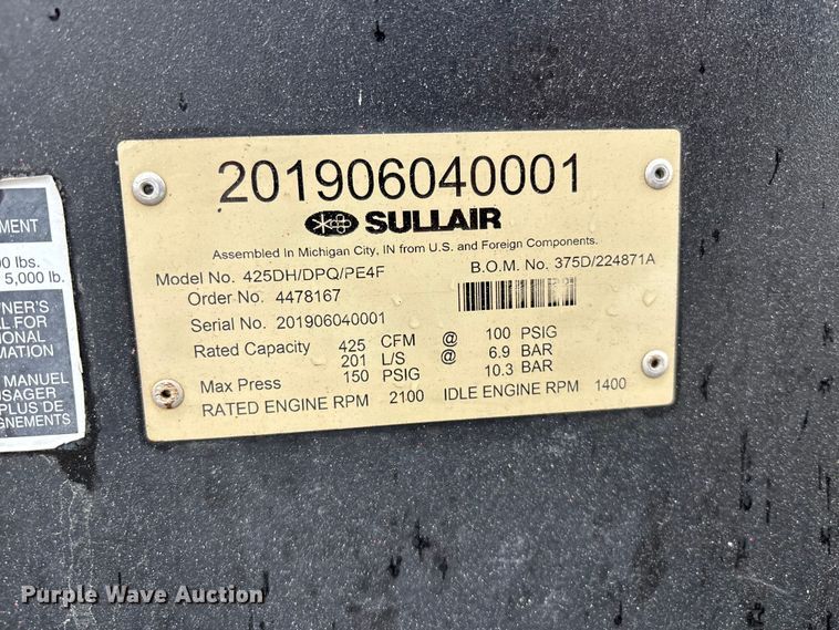 image for item EE4151 2019 Sullair 425DH air compressor