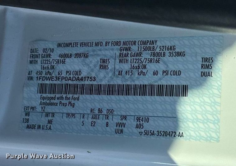 image for item EL0006 2010 Ford E350 van cab and chassis