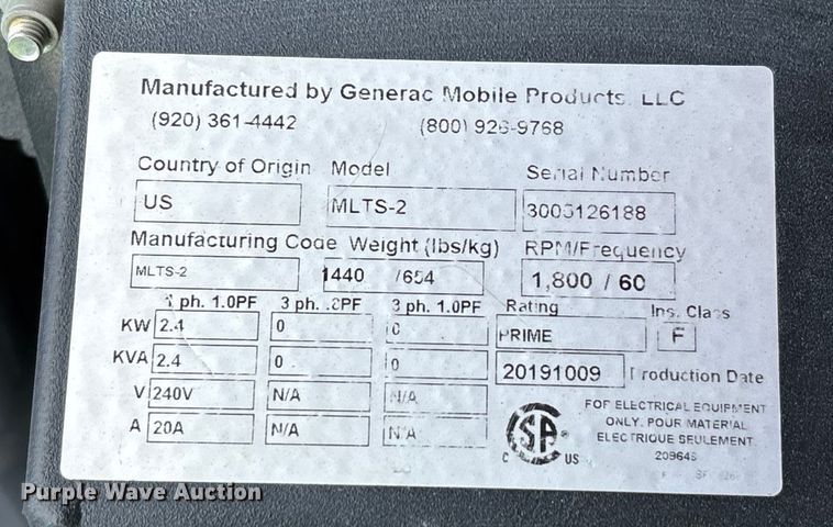 image for item EL6112 2019 Generac MLTS-2 light plant