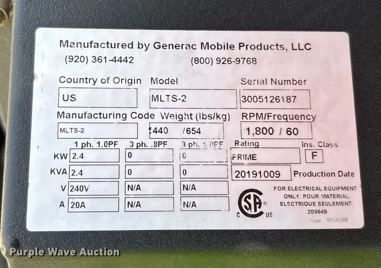 image for item EL6115 2020 Generac MLTS-2 light plant