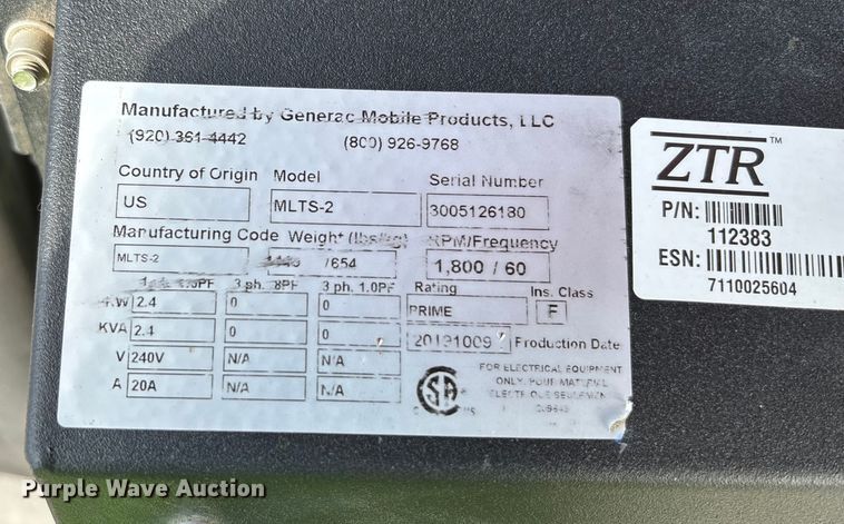 image for item EL6117 2020 Generac MLTS-2 light plant