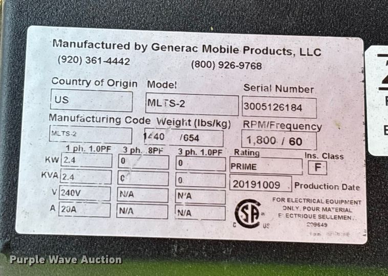 image for item EL6118 2020 Generac MLTS-2 light plant