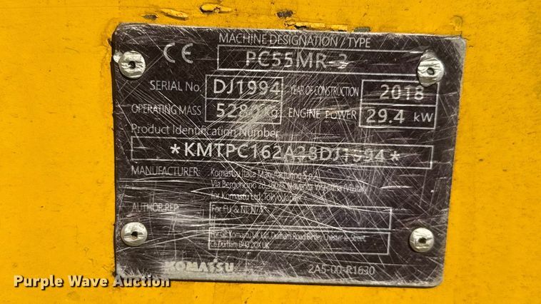 image for item EM8291 2018 Komatsu PC55MR-3 mini excavator