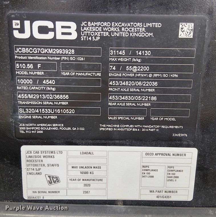 image for item EU2519 2020 JCB 510.56 F telehandler