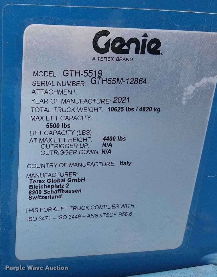 image for item EU2520 2021 Genie GTH-5519 telehandler