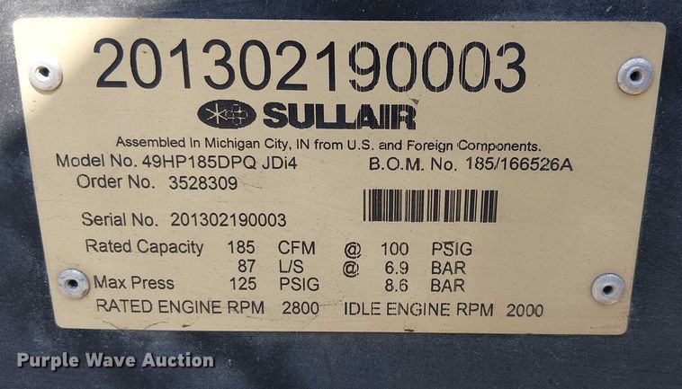 image for item EU2523 2012 Sullair 49HP185DPQ JDi4 air compressor