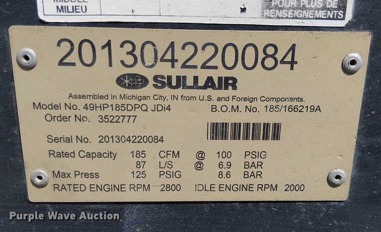image for item EU2524 2013 Sullair 49HP185DPQ JDi4 air compressor