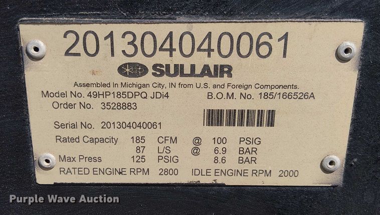 image for item EU2525 2012 Sullair 49HP185DPQ JDi4 air compressor