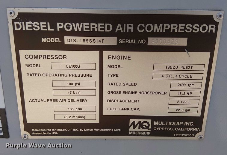 image for item EU2526 2019 Multiquip DIS-185SSI4F air compressor