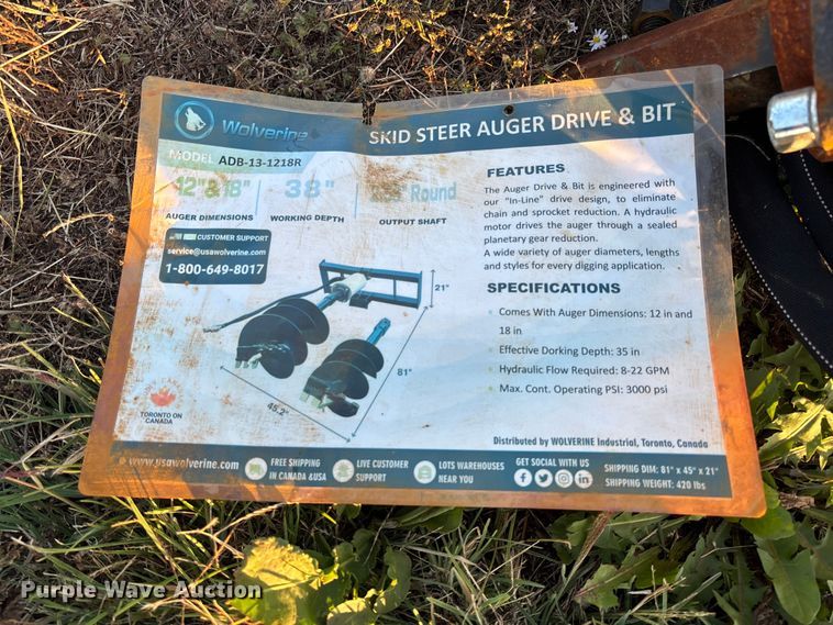 image for item EV3126 2025 Wolverine ADB-13-1218R skid steer auger bucket