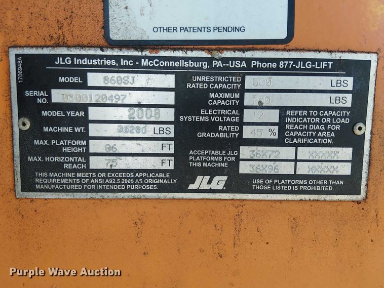 image for item YA1133 2008 JLG 860SJ boom lift