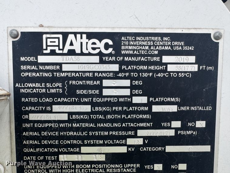 image for item YA1389 2019 Altec TDA58 tracked boom lift